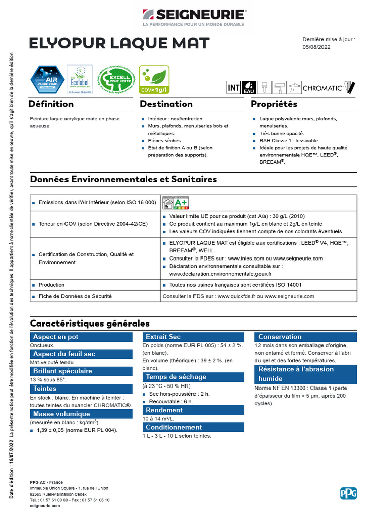 Fiche Technique Elyopure Laque Mat | PDF | Peinture
