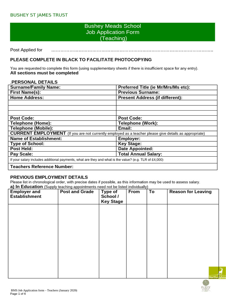 Bushey Meads Teacher Job Application Form | PDF | Teachers | Pension