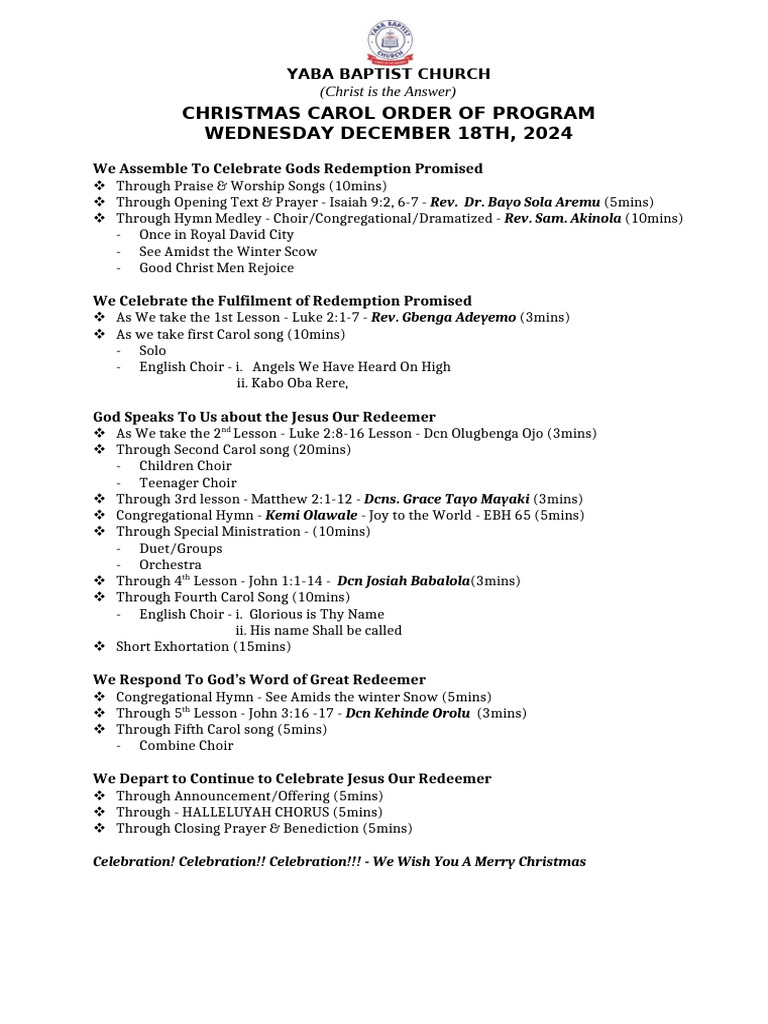 Christmas Carol Program Schedule | PDF