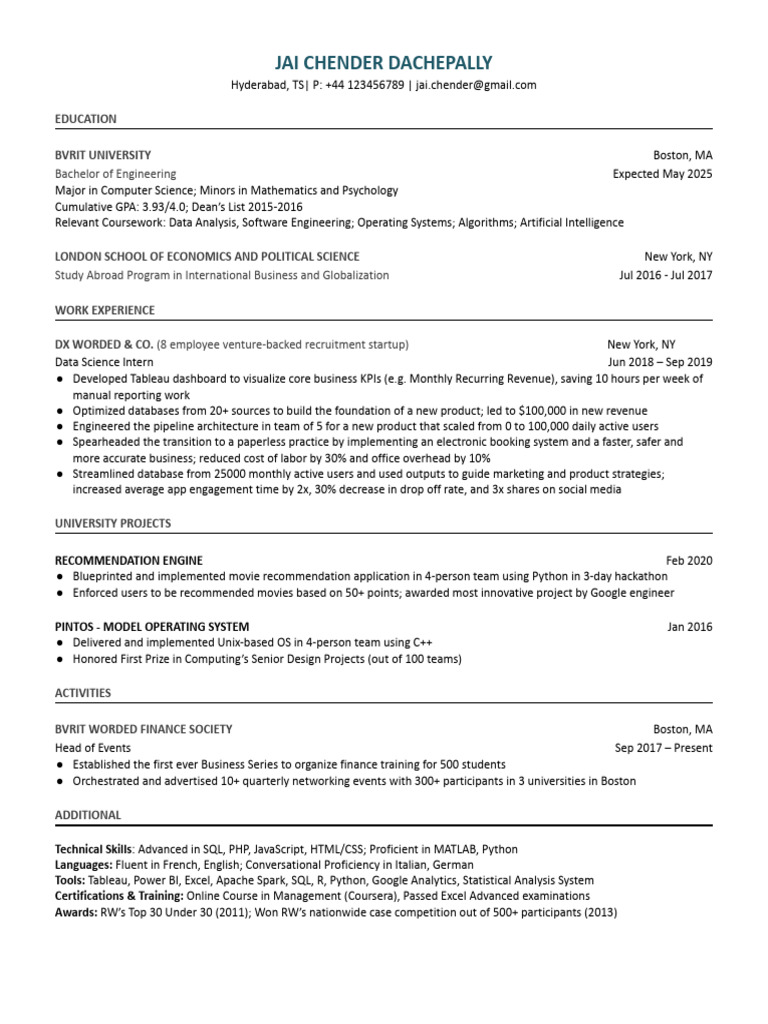 Data Science Intern Resume Summary | PDF | Databases | Computer Science