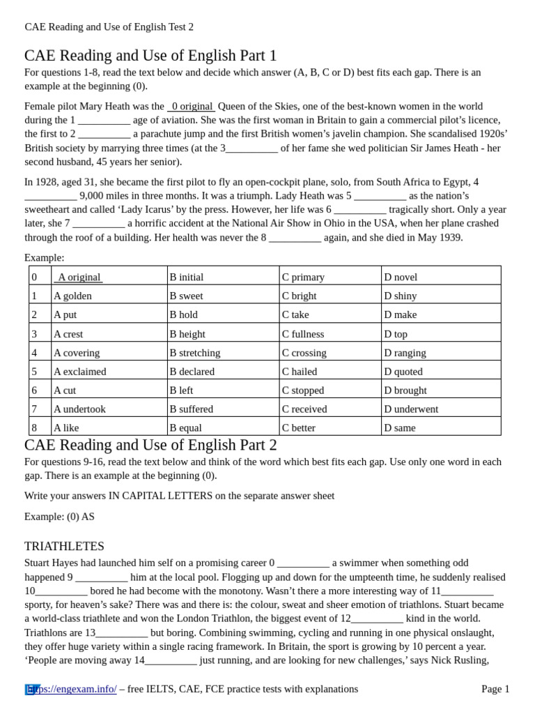 CAE Reading and Use of English Test 2 | PDF | Triathlon | Birds