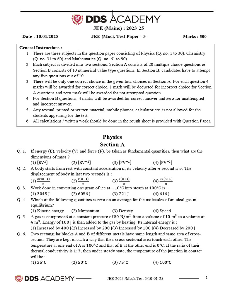JEE 2025 Mock Test 5 Physics Questions | PDF | Gases | Thermal Expansion