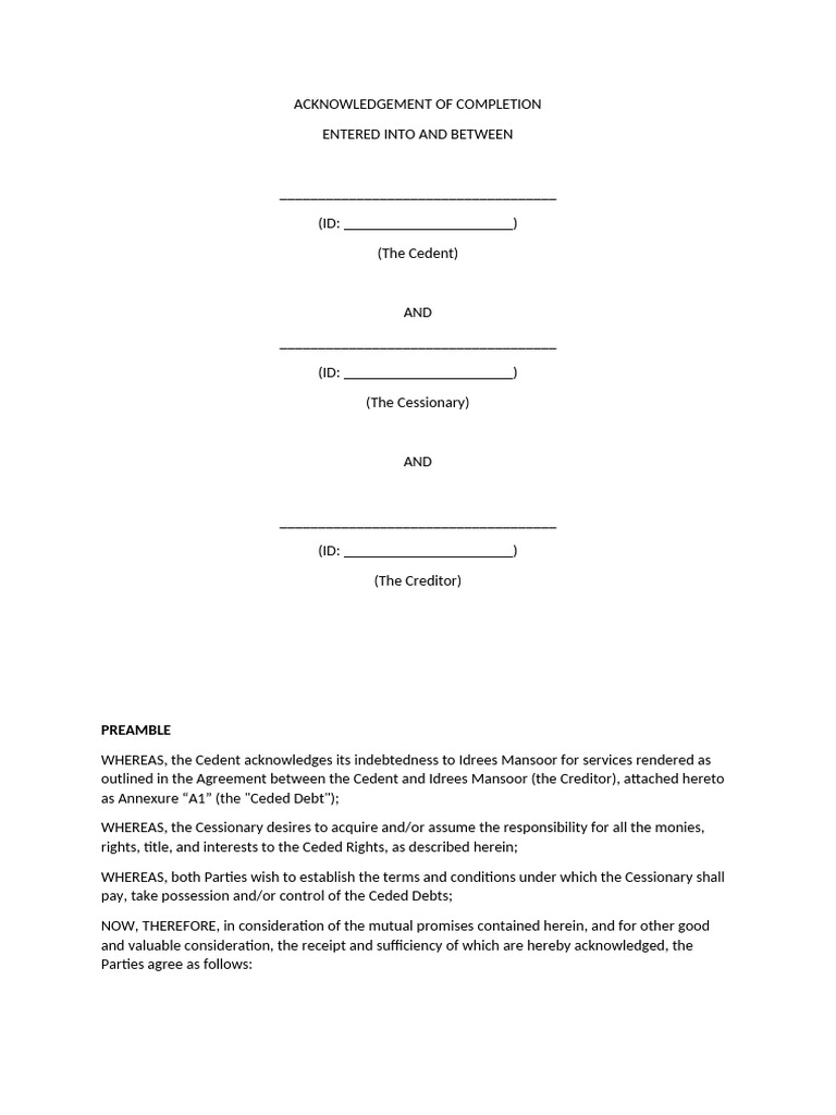 Sanitised Basic Cession Agreement | PDF | Cession | Breach Of Contract