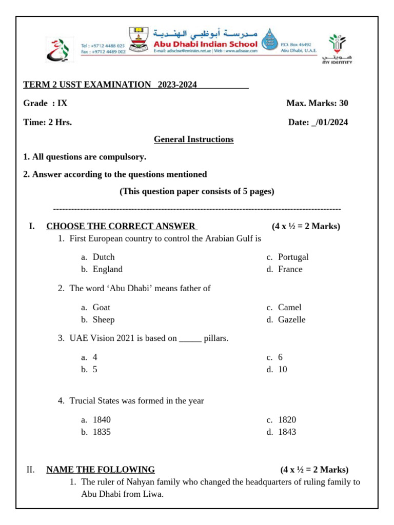 Term 2 QP - Grade 9 (2023-24) (Boys Secti - On) | PDF | United Arab ...