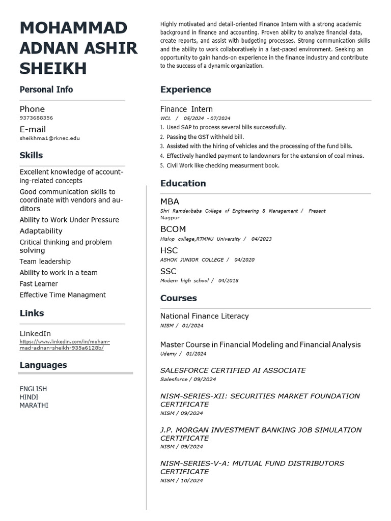 Finance Intern Profile - Skills & Experience | PDF | Learning