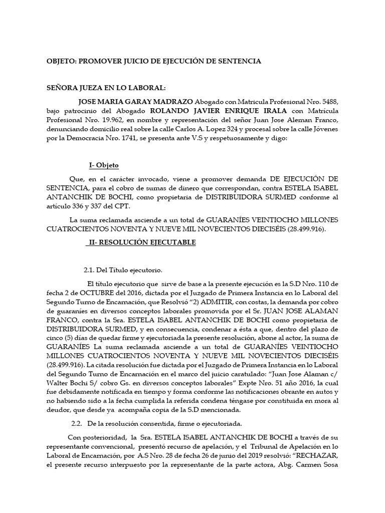 Ejecución de Sentencia Laboral en Gs. | PDF | Sentencia (ley) | Apelación