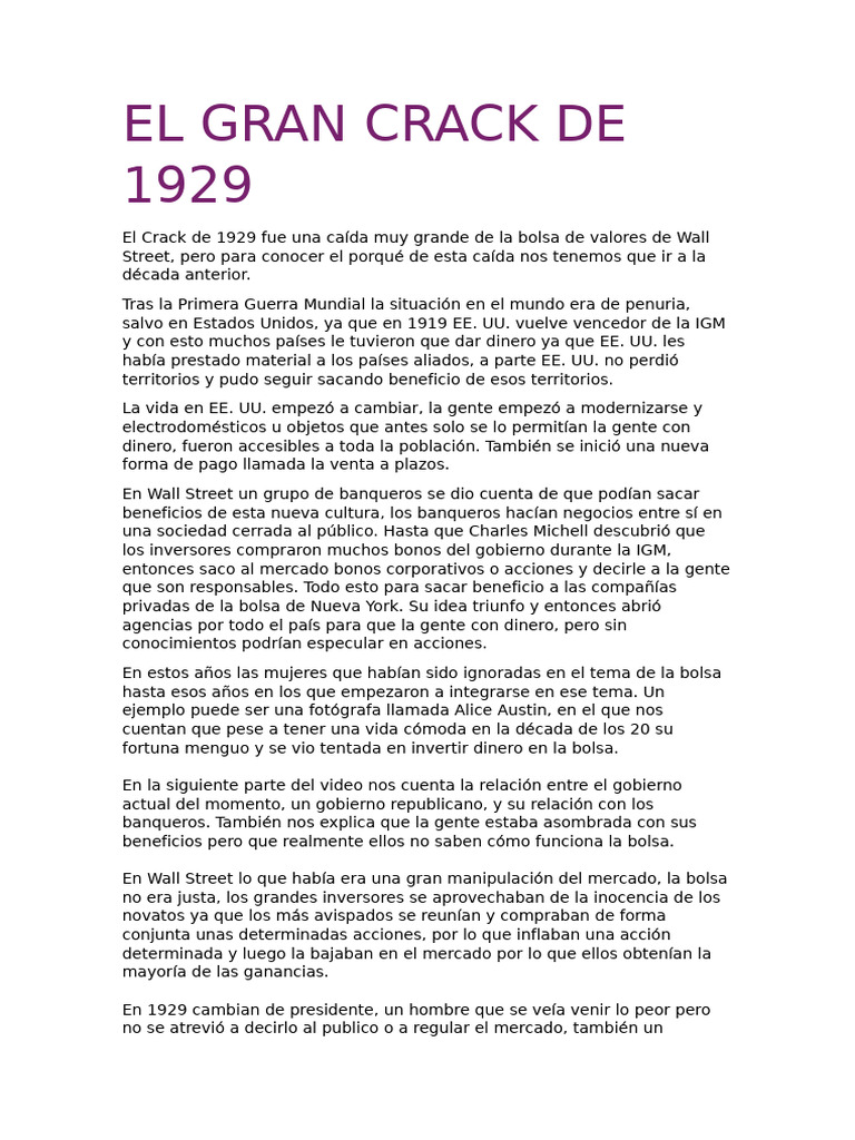 Causas y Consecuencias del Crack de 1929 | PDF | Accidente de Wall ...