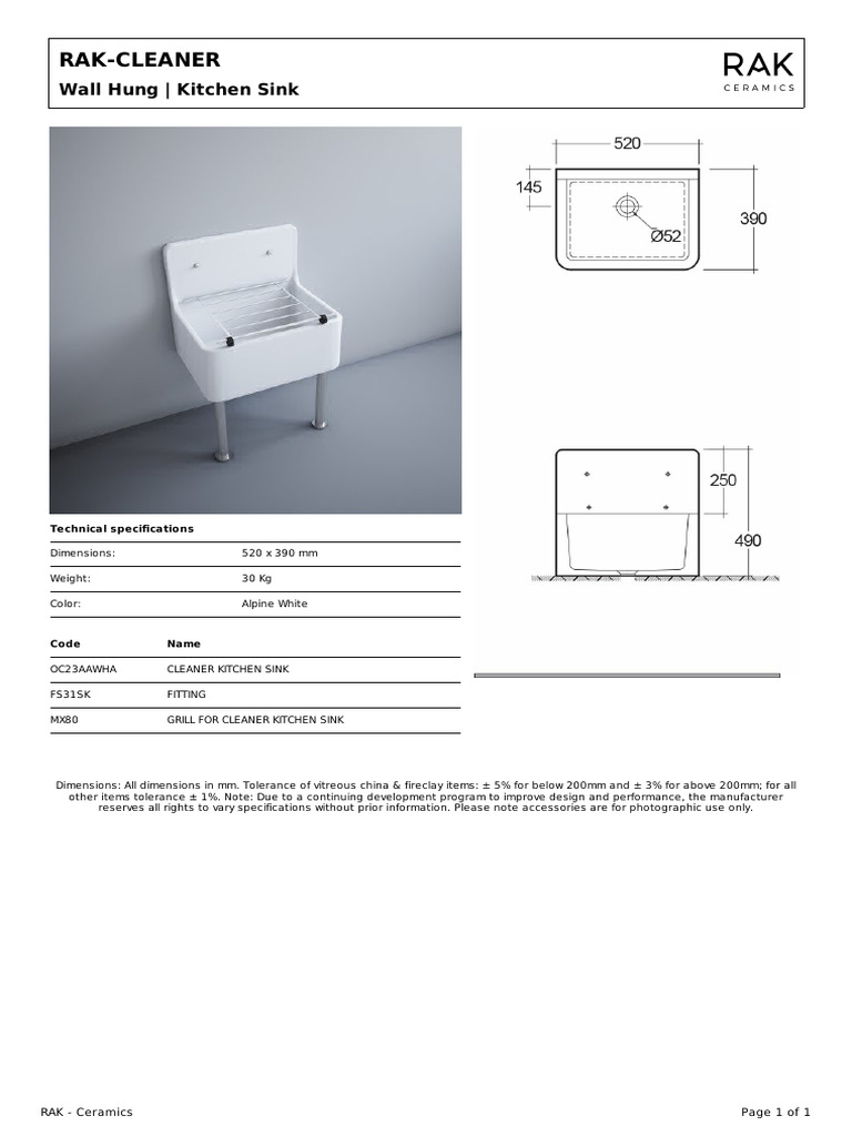 RAK Cleaner Kitchen Sink Specifications | PDF