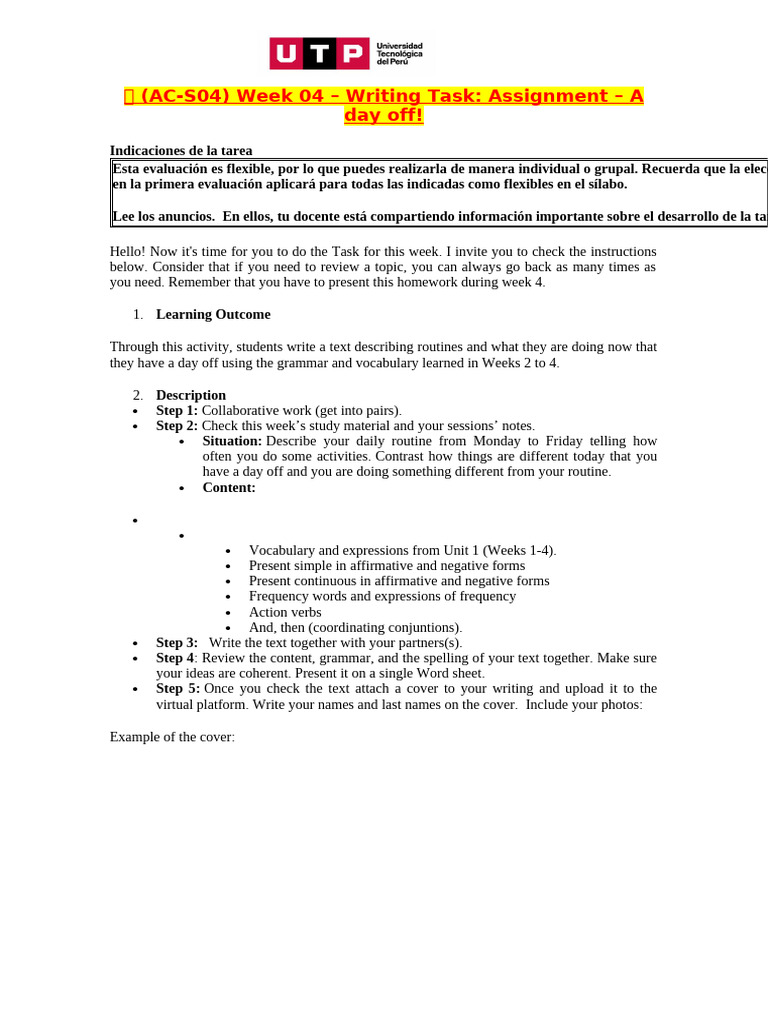? (AC-S04) Week 04 - Writing Task Assignment - A Day Off (Ingles 2 ...