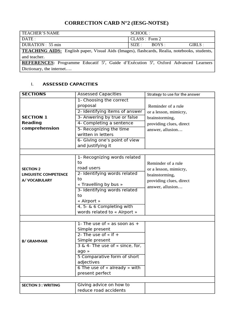 English Assessment Correction Card | PDF | Vocabulary | Human Communication