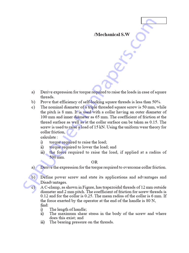 Machine Elements Design Exam Questions | PDF | Screw | Strength Of ...