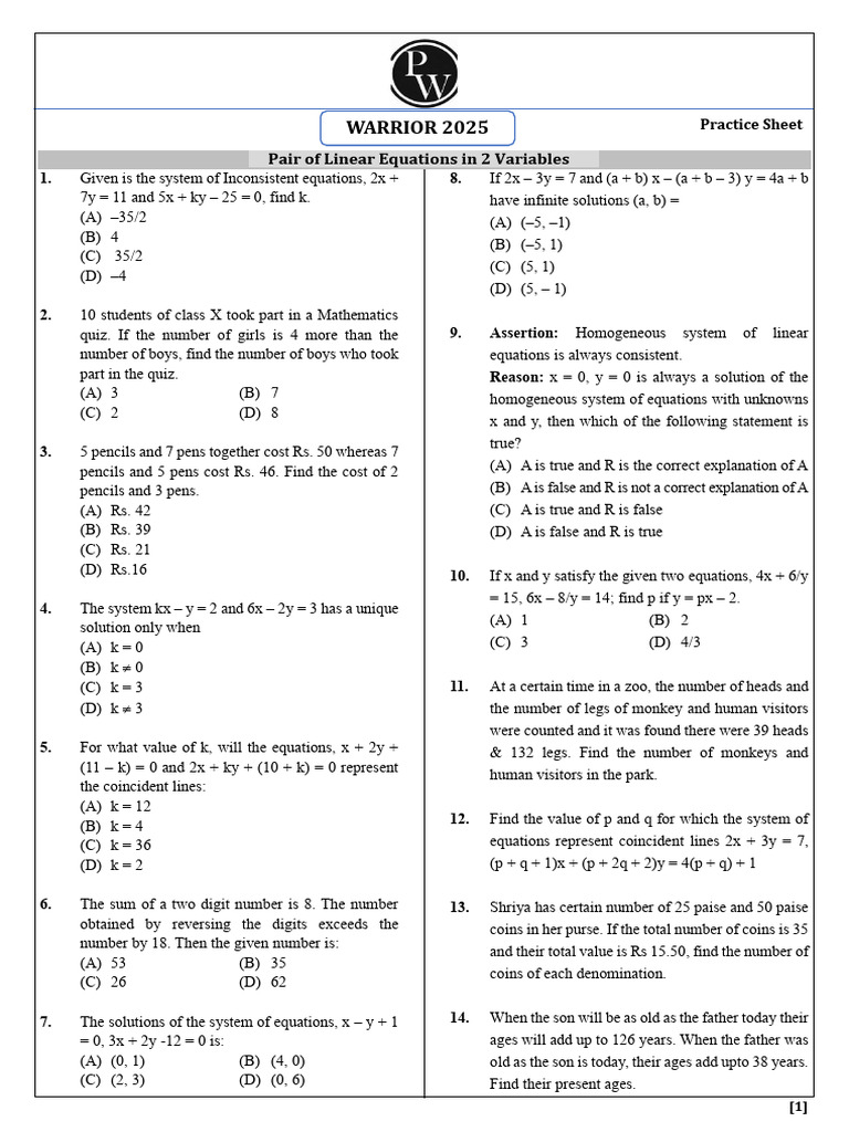 Pair of Linear Equations in 2 Variables - Practice Sheet - Warrior 2025 ...