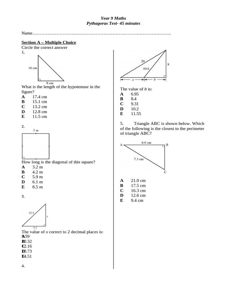 Pythagoras Practice Test Pdf Elementary Geometry Triangle Geometry