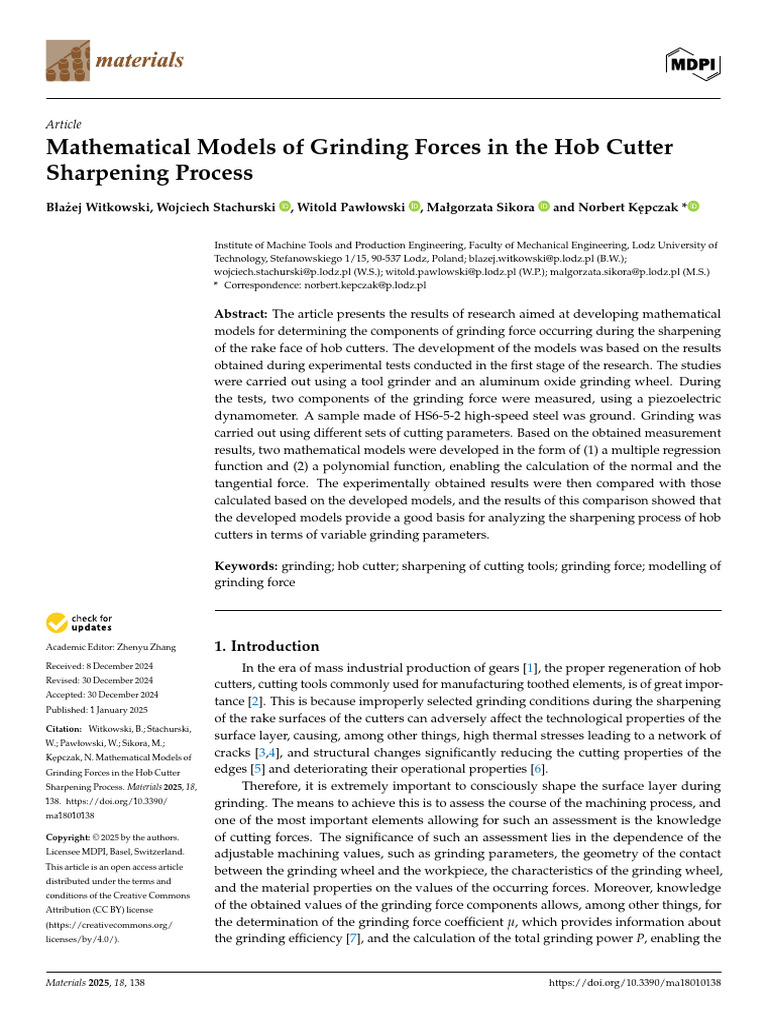 Materials 18 00138 | PDF | Grinding (Abrasive Cutting) | Machining