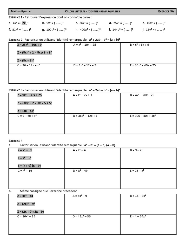Chap 03 - Ex 3a - Factorisations (IR - Partie 1) - CORRIGE | PDF