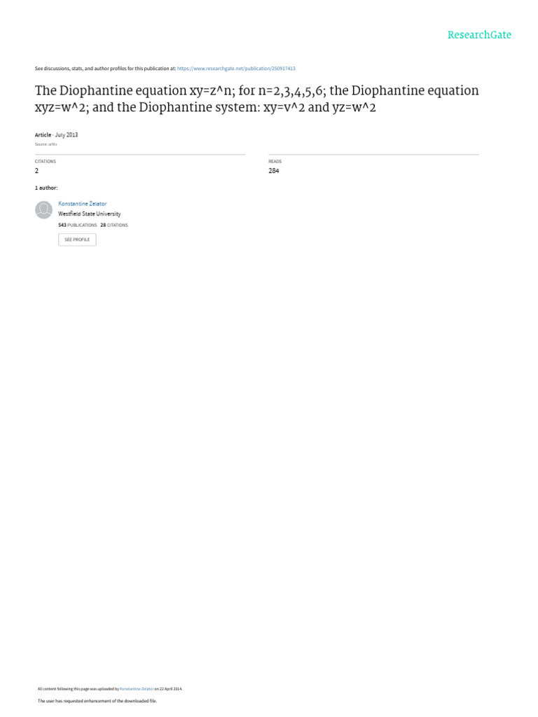 The Diophantine Equation Xyzn For n23456 The Dioph | PDF | Elementary ...