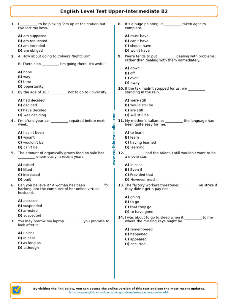 B2 English Level Test Practice Questions | PDF