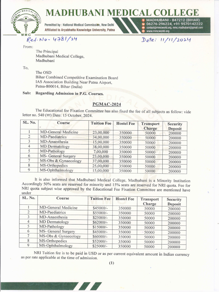Fee Structure For PGMAC 2024 MMC | PDF