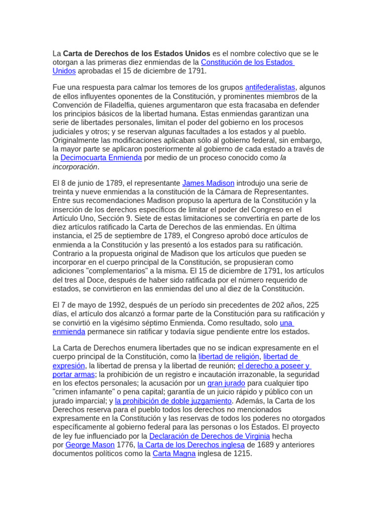 Historia y Significado de la Carta de Derechos | PDF | Declaración de ...