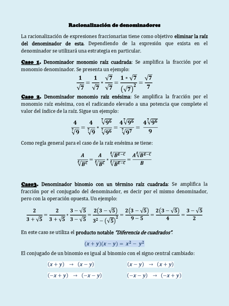 Racionalización de Denominadores | PDF | Álgebra | Matemáticas