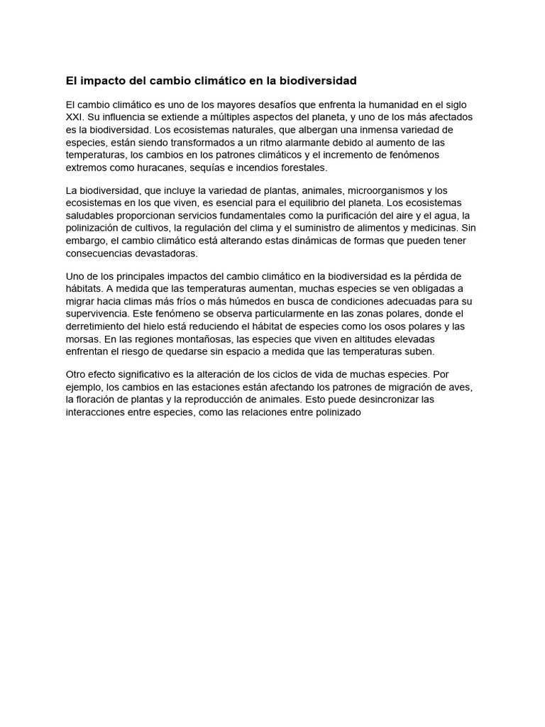 El Impacto Del Cambio Climático en La Biodiversidad | PDF