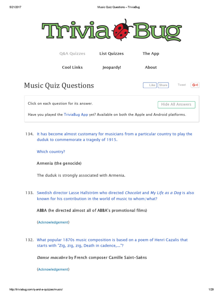 Music Quiz Questions - TriviaBug | PDF