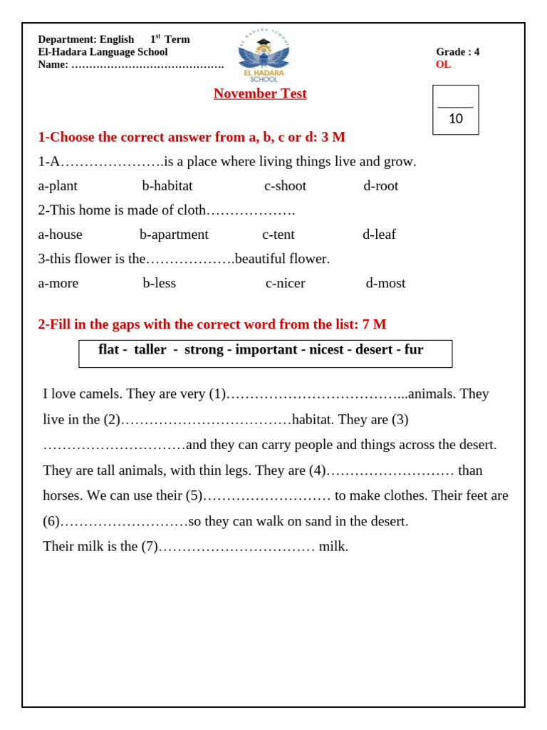 4th Grade English November Test | PDF