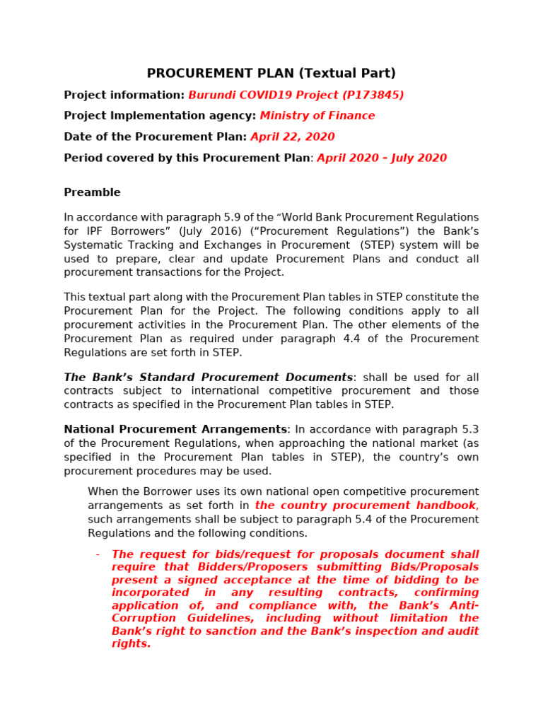 PROCUREMENT PLAN (Textual Part) | PDF | Procurement | Business