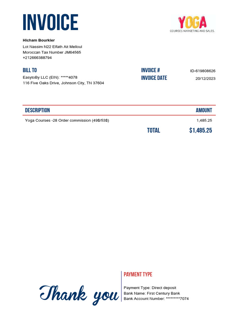 Invoice for Yoga Courses - ID-619808626 | PDF