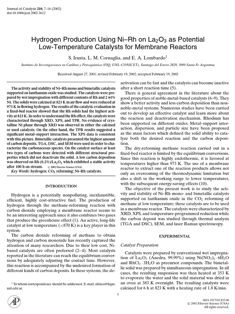 Hydrogen Production Using Ni-Rh On La2O3 As Potential Low-Temperature ...