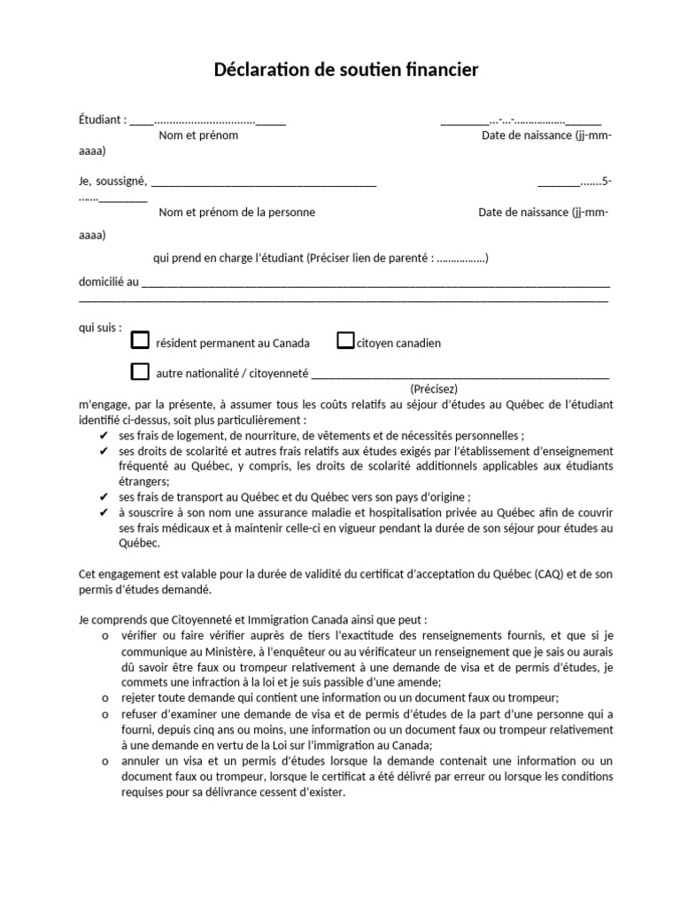 Déclaration de soutien financier étudiant | PDF | Visa (Document)