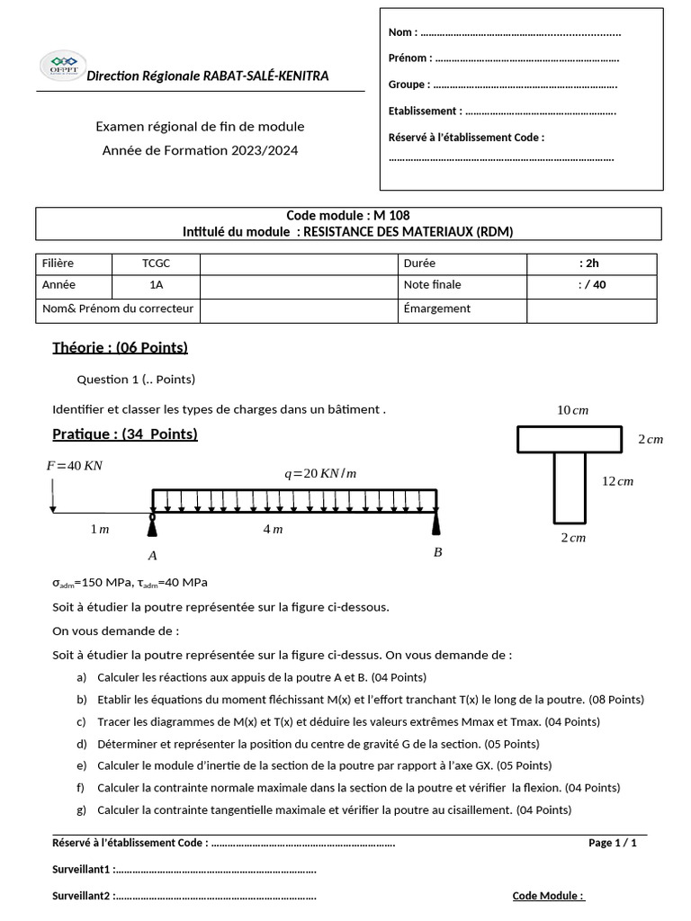 Examen RDM 2023/2024 - Corrigé | PDF | Flexion (matériau) | Mécanique ...