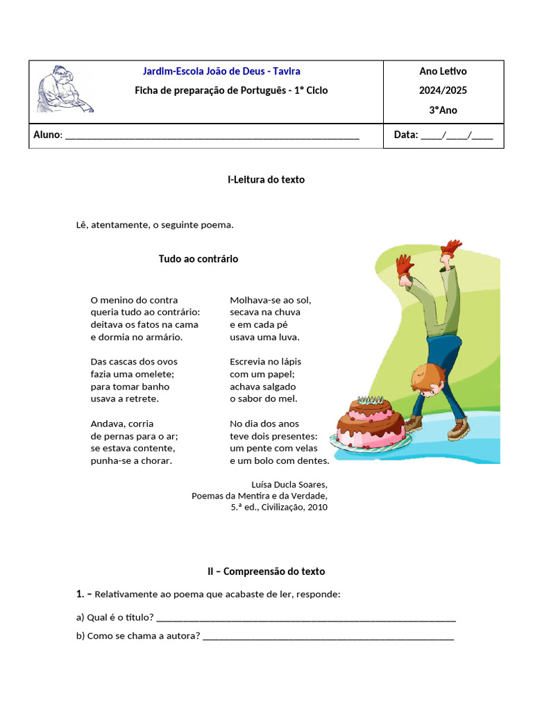 Ficha de Português - 3º Ano 2024/2025 | PDF | Linguística | Famílias ...