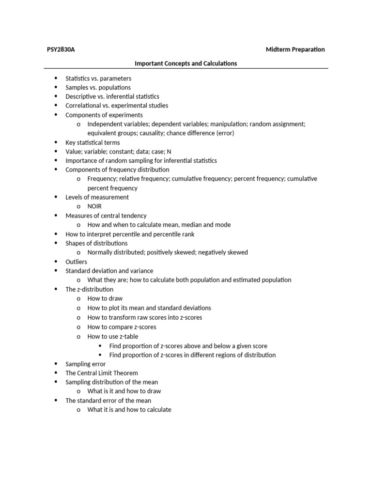 PSY2830A Midterm Study Guide: Key Stats Concepts | PDF | Statistics ...