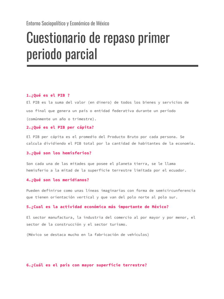 Cuestionario de Repaso Primer Periodo Parcial | PDF