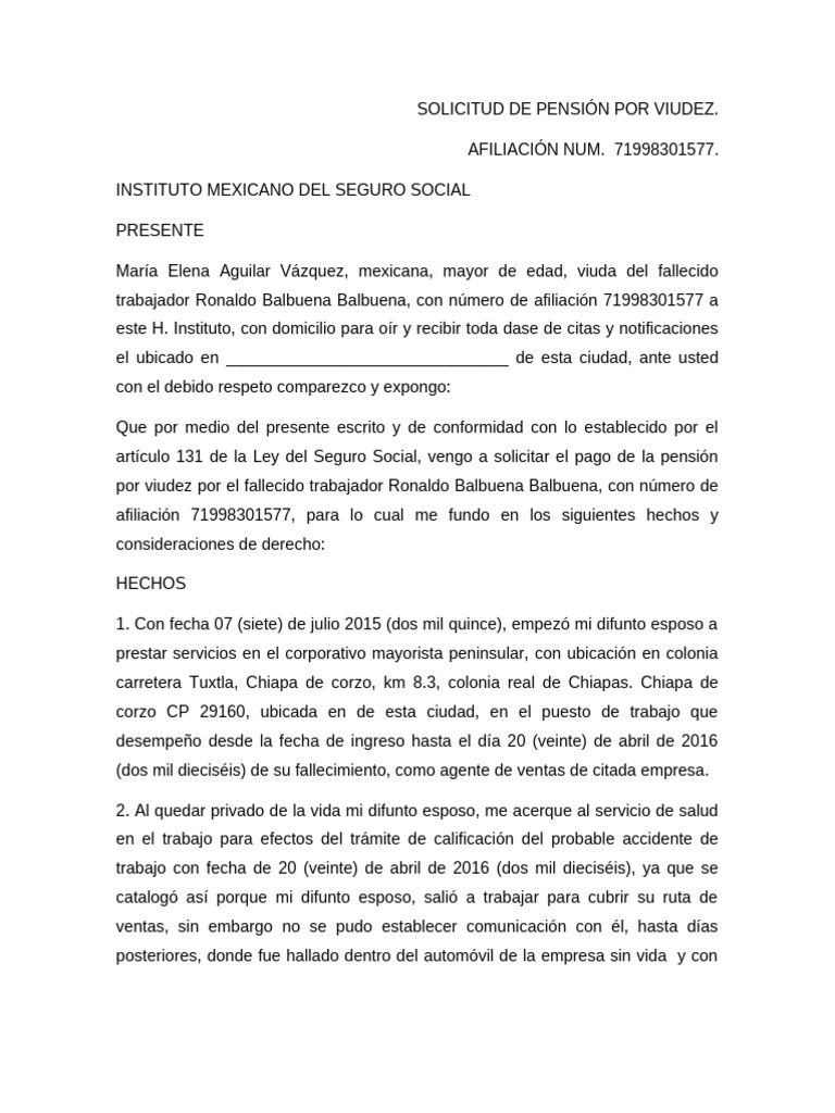 Solicitud de Pensión por Viudez IMSS | PDF | Pensión | Chiapas