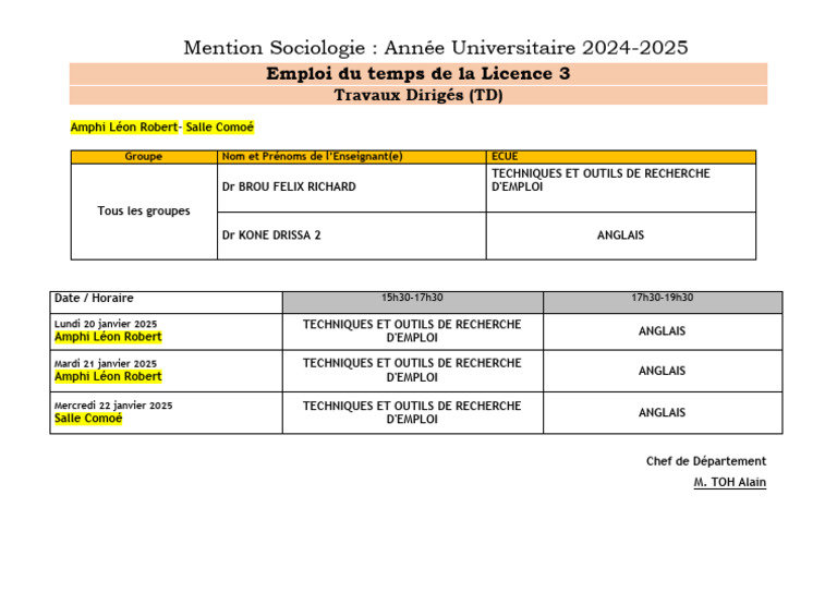 Emploi du temps Licence 3 Sociologie 2024-2025 | PDF