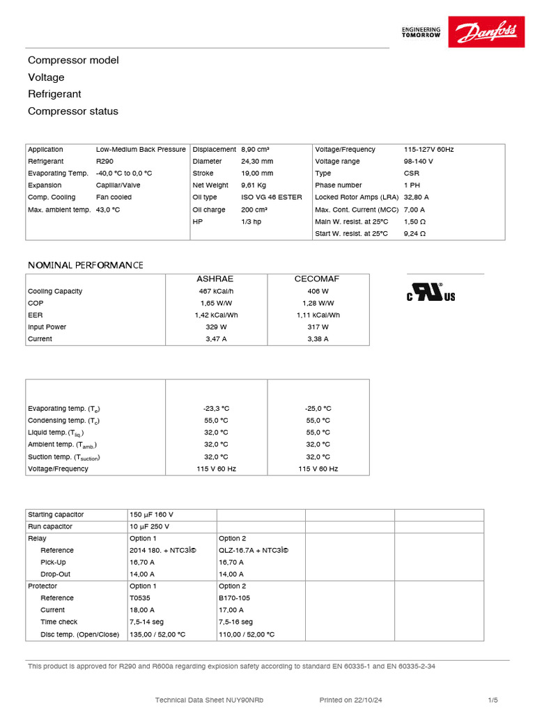 Danfoss R290 Compressor NUY90NRb Data | PDF | Capacitor | Physical ...