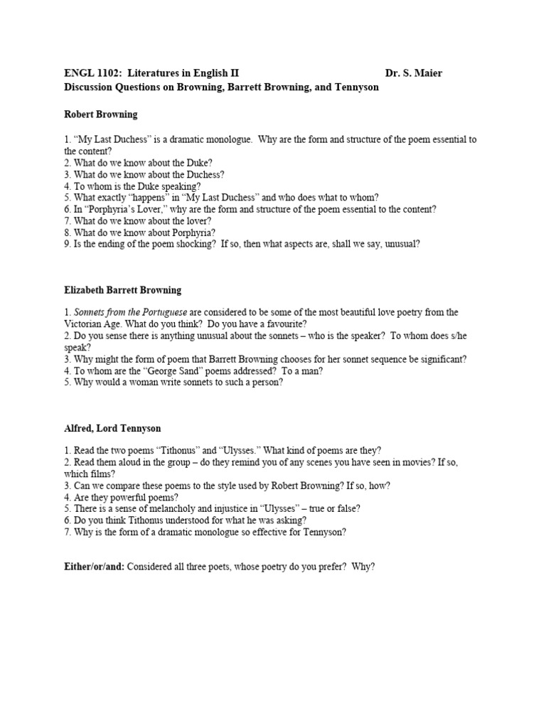 ENGL 1102 Brownings and Tennyson DQs | PDF