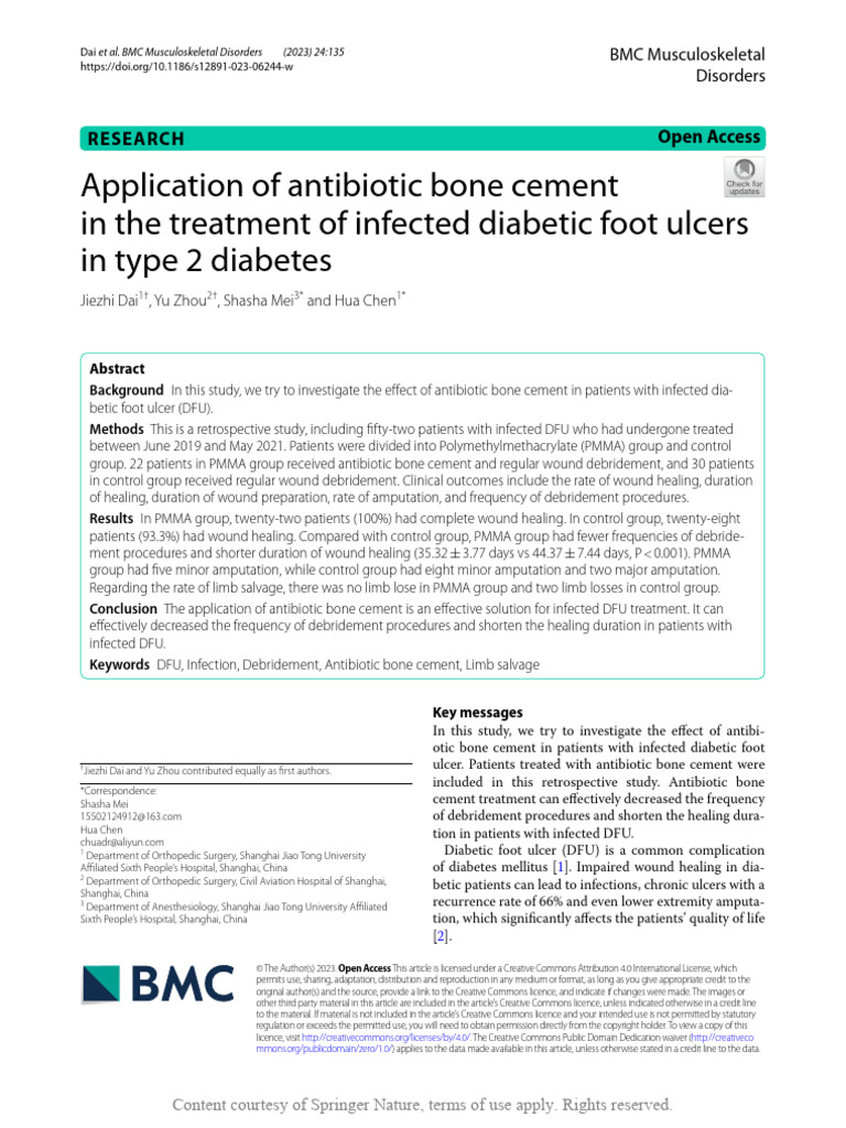 Application of Antibiotic Bone Cement in the Treat | PDF | Wound | Toe