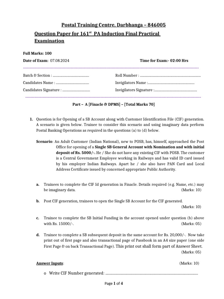 Question Paper For 161st PA Final Practical Examination | PDF ...