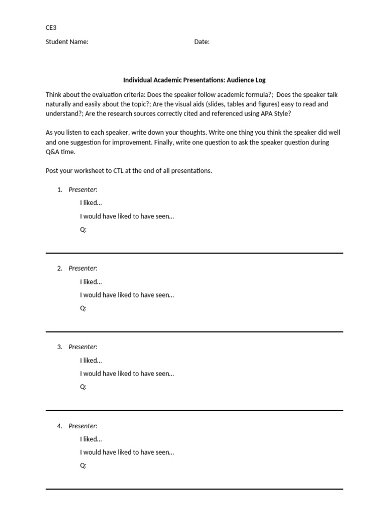 Audience Feedback Log for Presentations | PDF