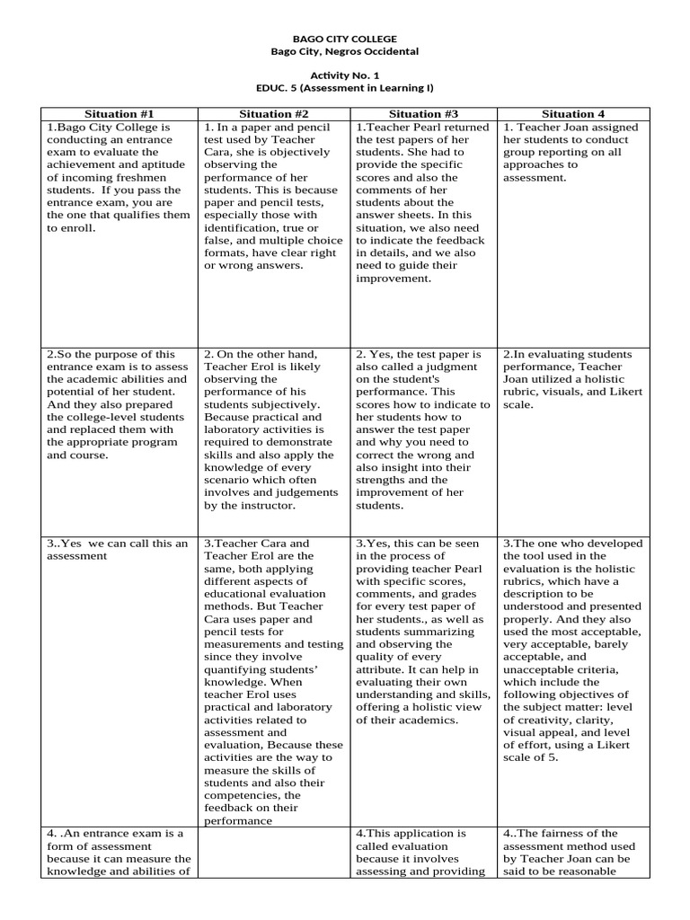 Bago City College Assessment Methods | PDF | Educational Assessment ...