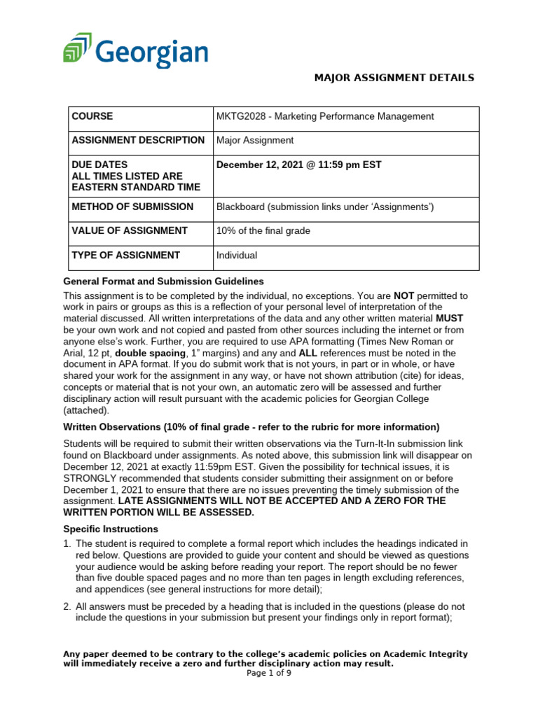 MKTG2028 Major Assignment Guidelines | PDF | Plagiarism | Academic ...