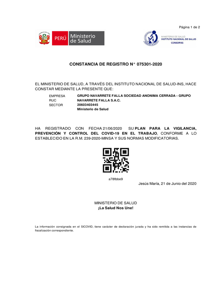 Registro de Plan COVID-19 Grupo Navarrete | PDF