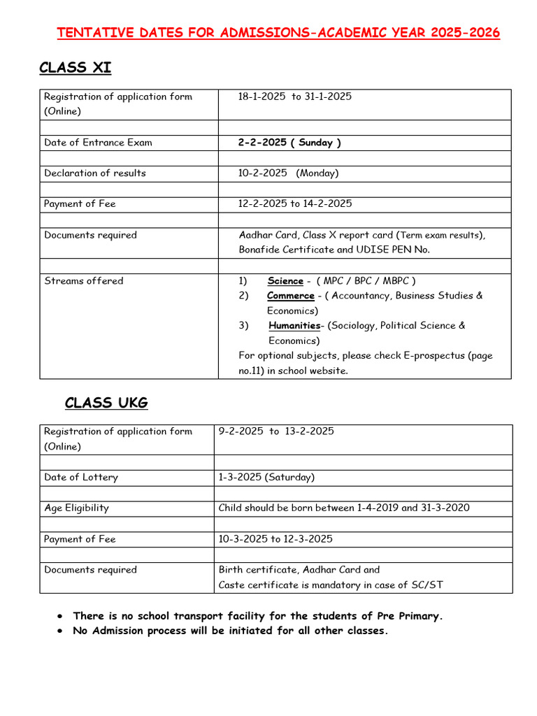 Admission Dates for 2025-26 Academic Year | PDF