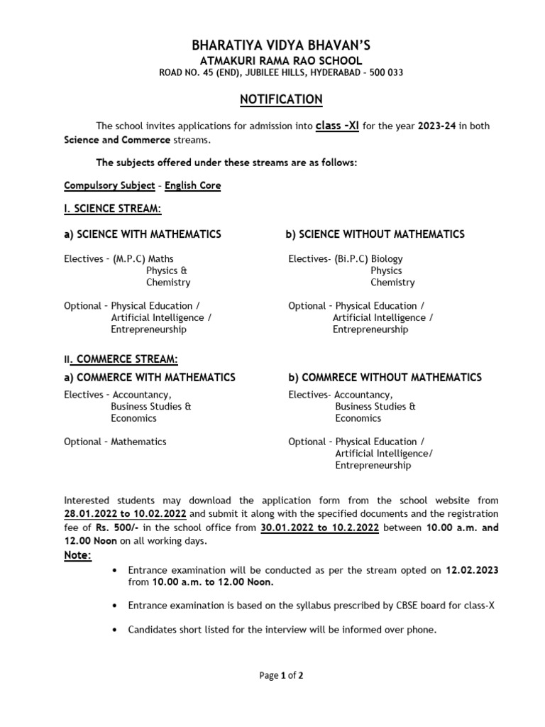 Admission Notification for Class XI 2023-24 | PDF