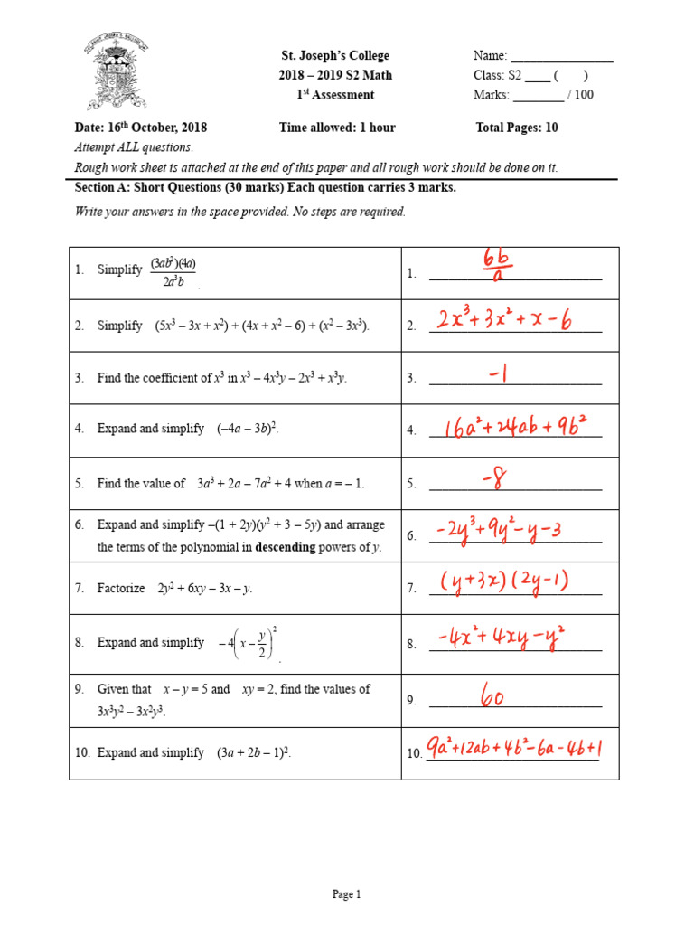 S2 Math Assessment 2018-2019 | PDF | Algebra | Abstract Algebra