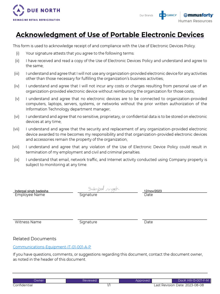 Acknowledgment of Electronic Device Policy | PDF | Human Resources ...