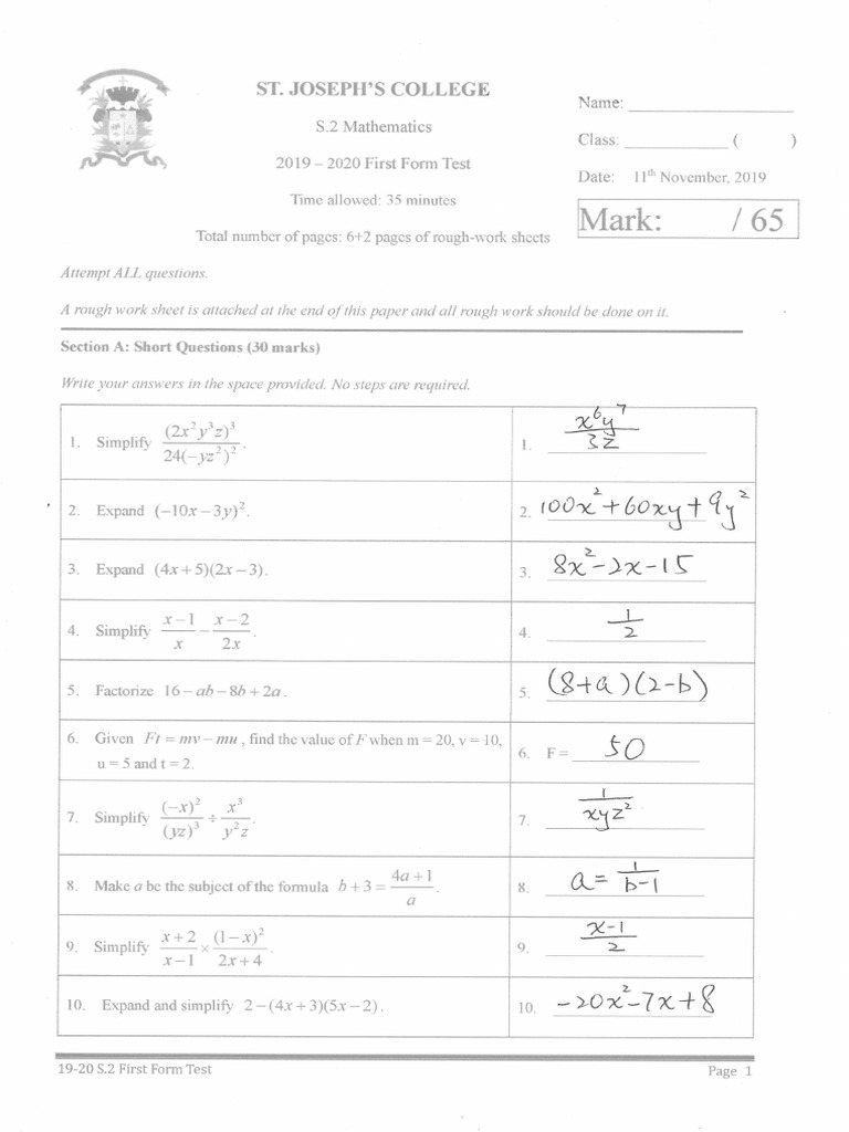 19-20 S2 1st Form Test (Ans) | PDF